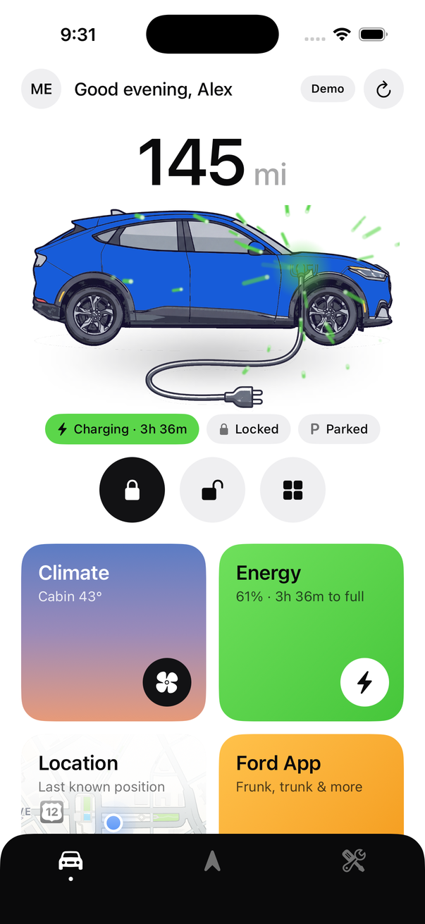 The Voltpony home screen: 145 miles of estimated range, a Mach-E in Grabber Blue charging, and lock and preconditioning controls. Shown with demo data.